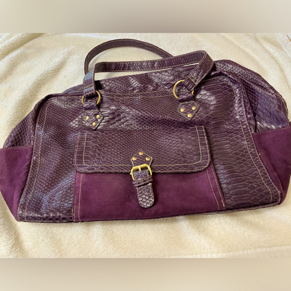 Purple reptile skin and suede overnight bag with gold zipper and accents